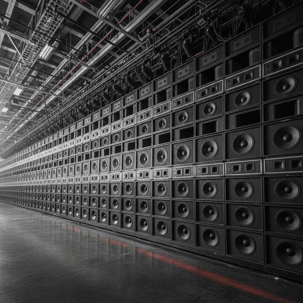 AI generated: Please expand to 16:9 format. The wall of loudspeakers continue on both sides
