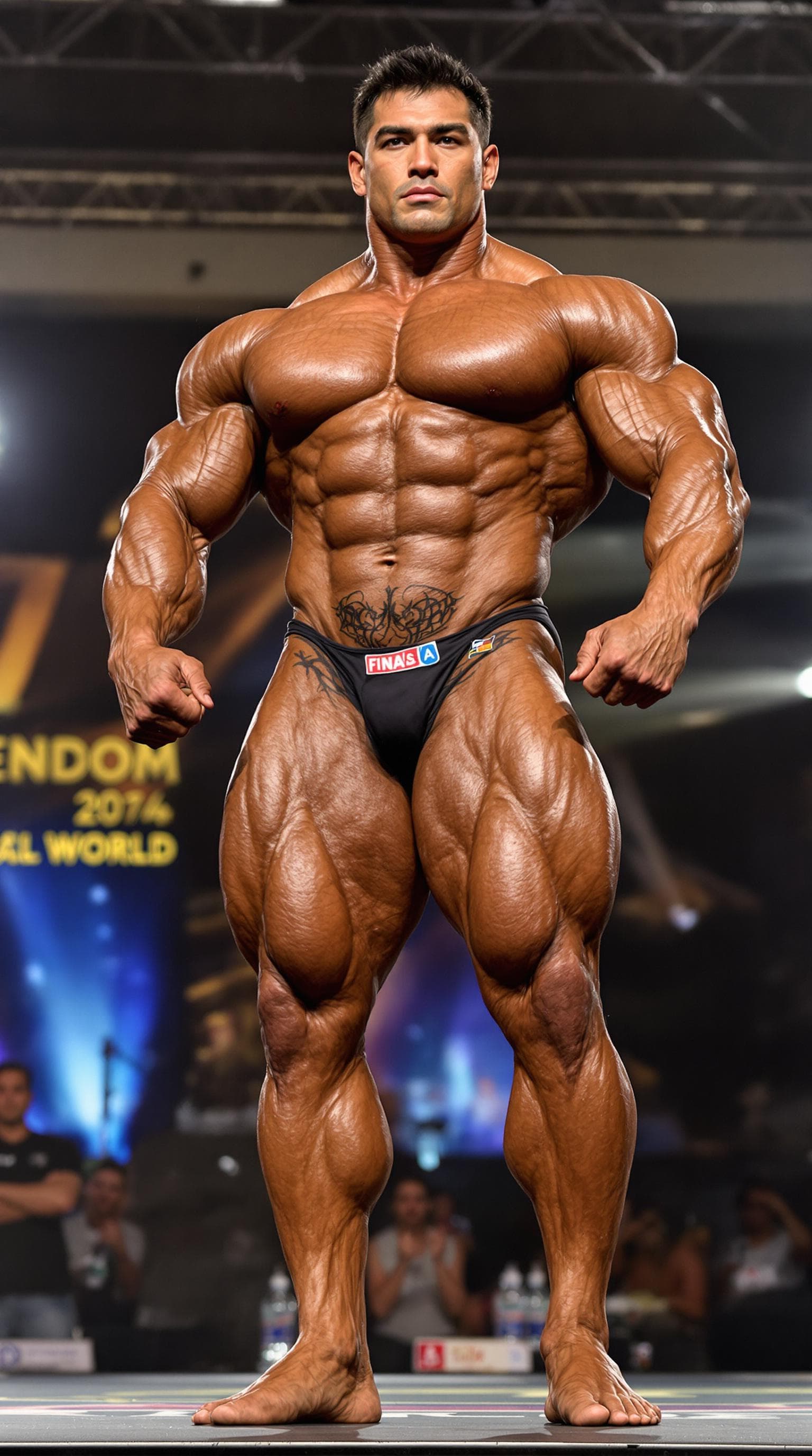 AI generated: A gigantic, dry, extremely muscular and hairy Classic Physique bodybuilder competing in the IFBB Pro...