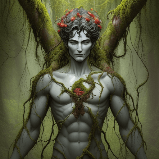 AI generated: Prompt: "A surreal humanoid superman figure intertwined with nature, featuring a covered in moss, vi...