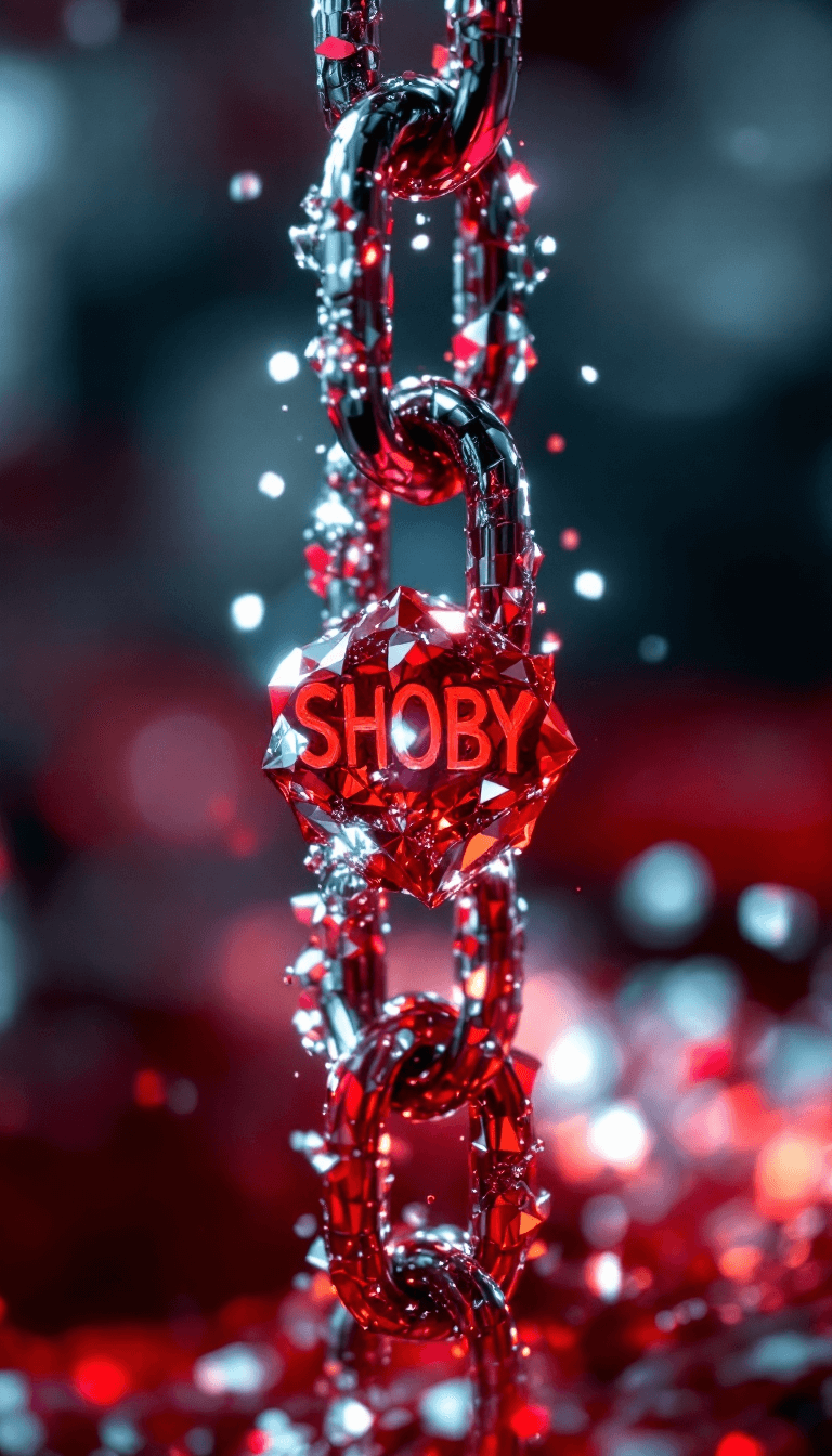 AI generated: big diamond ice out cuba chain. On the Chain  is the text: SHOBY" in a abstract red diamond font sty...