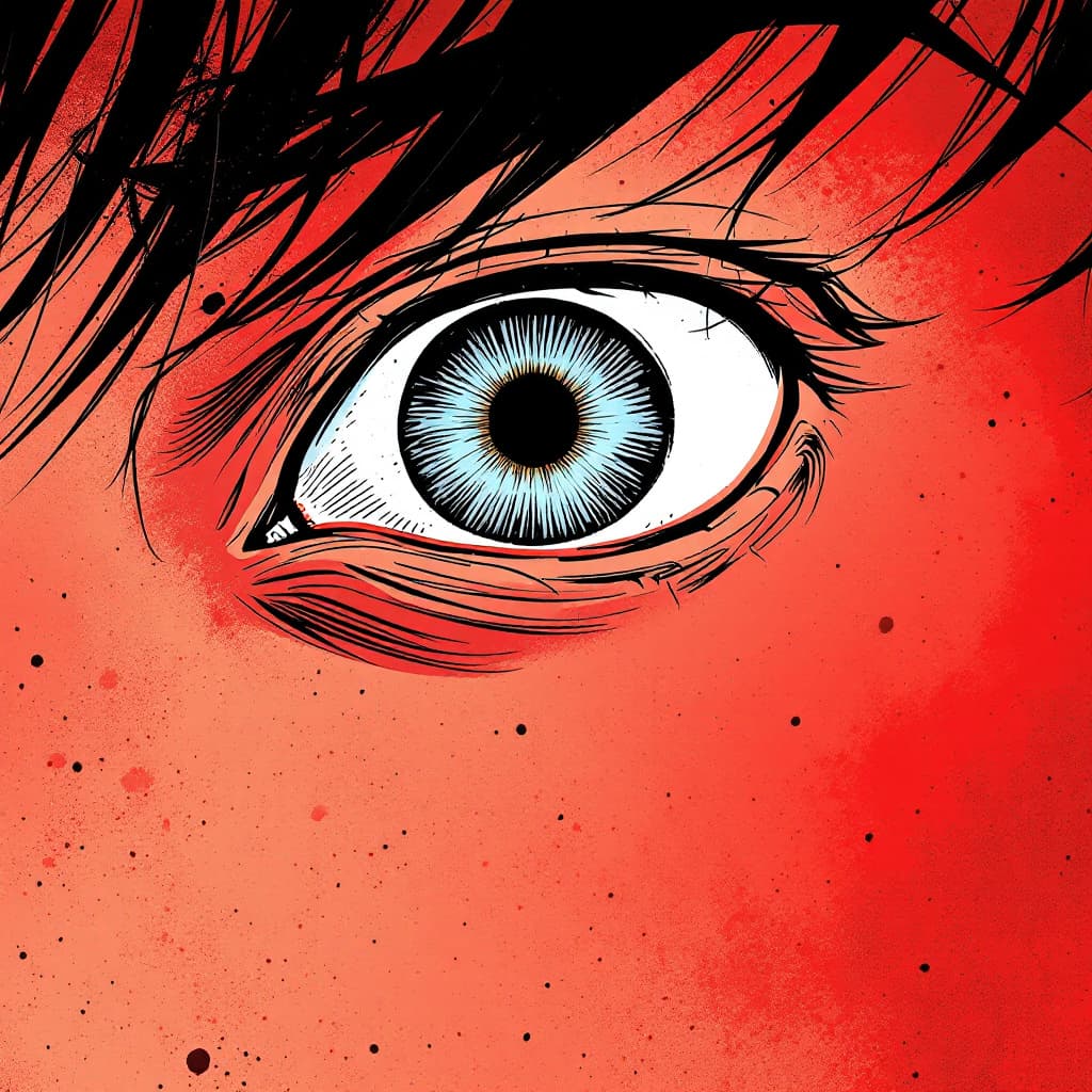 AI generated: manga panel of a close-up eye, intense, against a dark red background, in the style of Kentaro Miura...