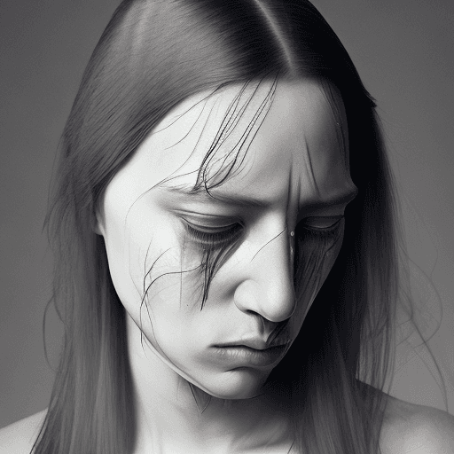 AI generated: a woman looking melancholy, tears running down her face, long hair, with some strands of hair on the...