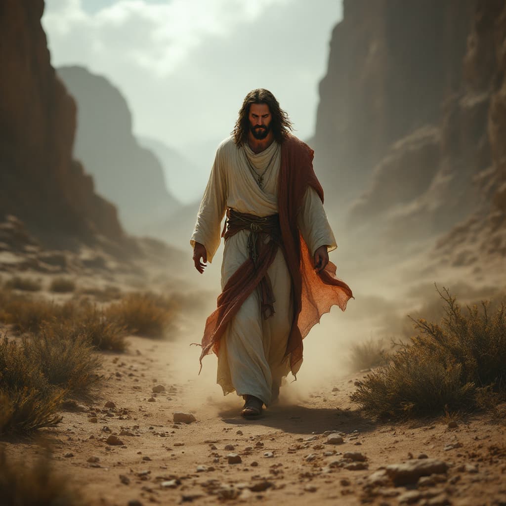 AI generated: Jesus walking in the desert , front, right side the devil gonna be on the left side walking in the d...
