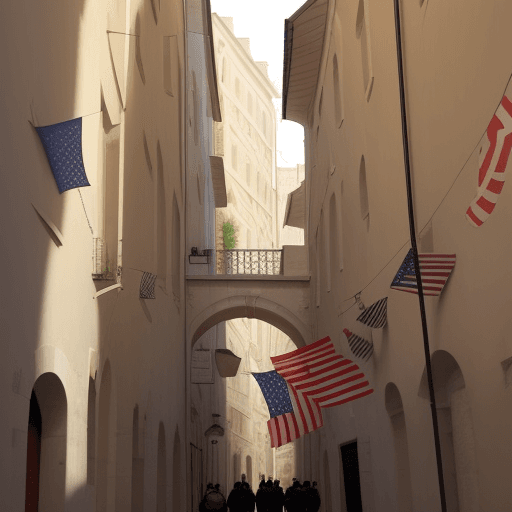 AI generated: creates a flat narrow alley with tall houses on the sides and an arch in the middle, with flags and ...