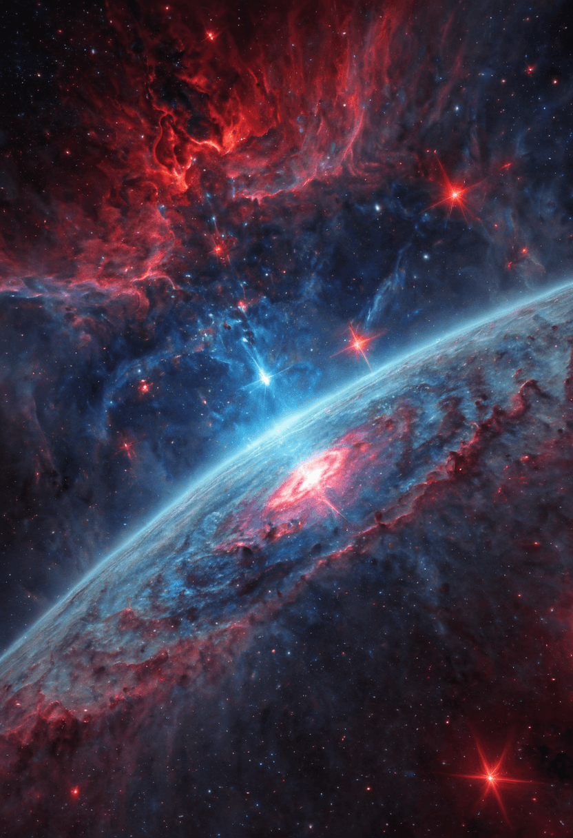 AI generated: A high detail cosmic nebula with vibrant reds and blues, dynamic colors and shifting lights, intrica...