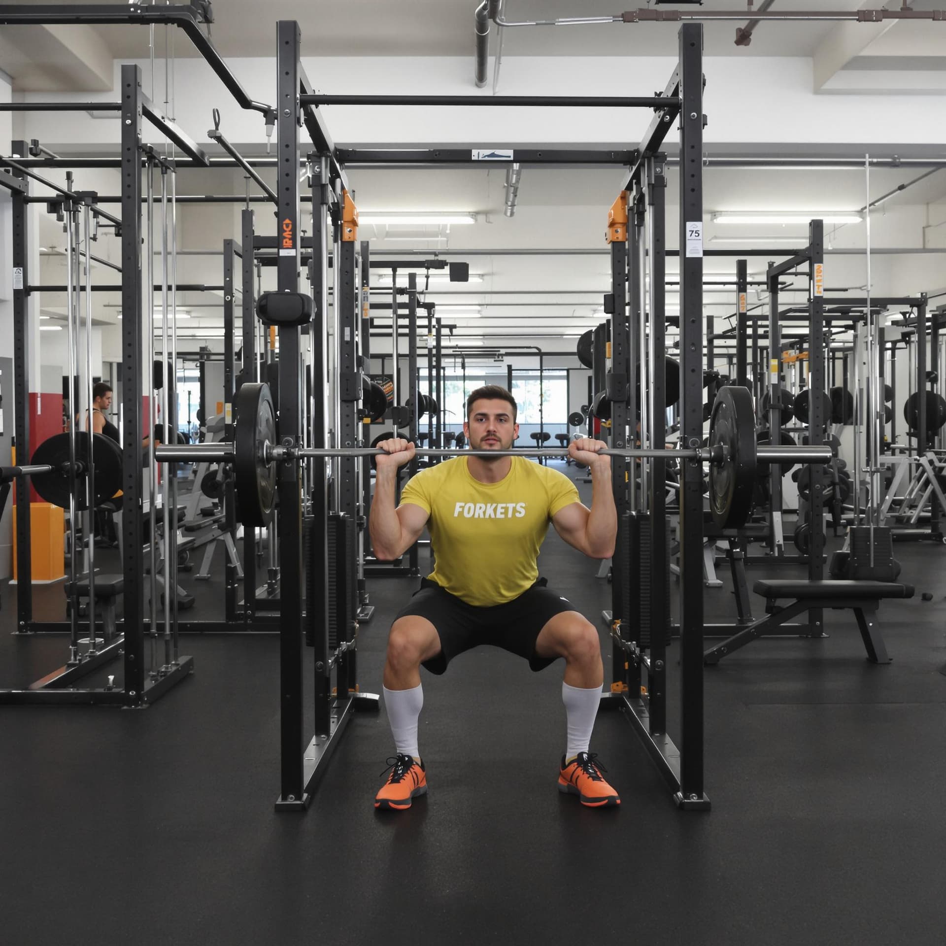 AI generated: empty gym, front profile, man in gym clothes doing squats