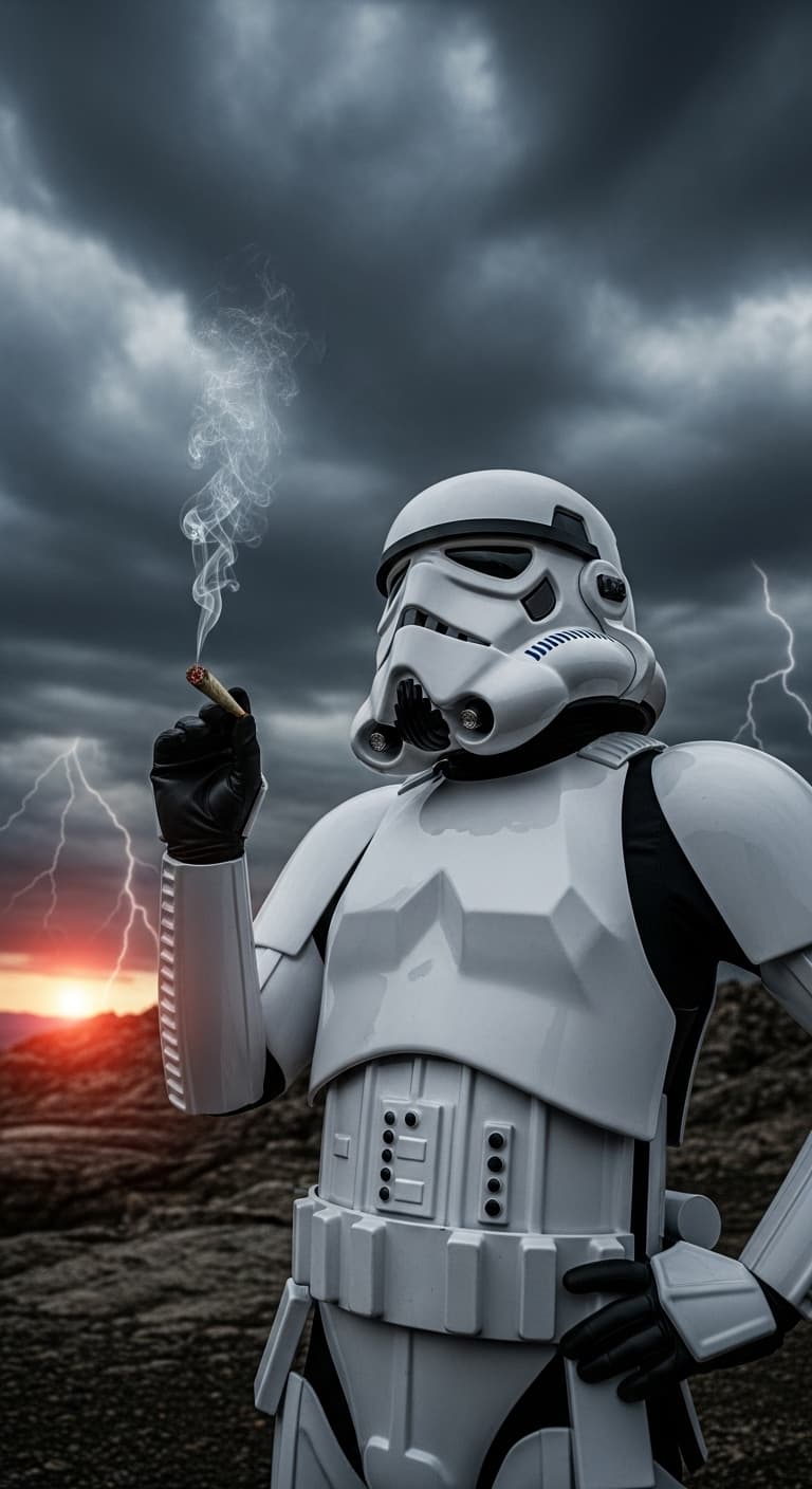 AI generated: Stormtrooper having a smoke, lighting, evening, mountains, cloudy