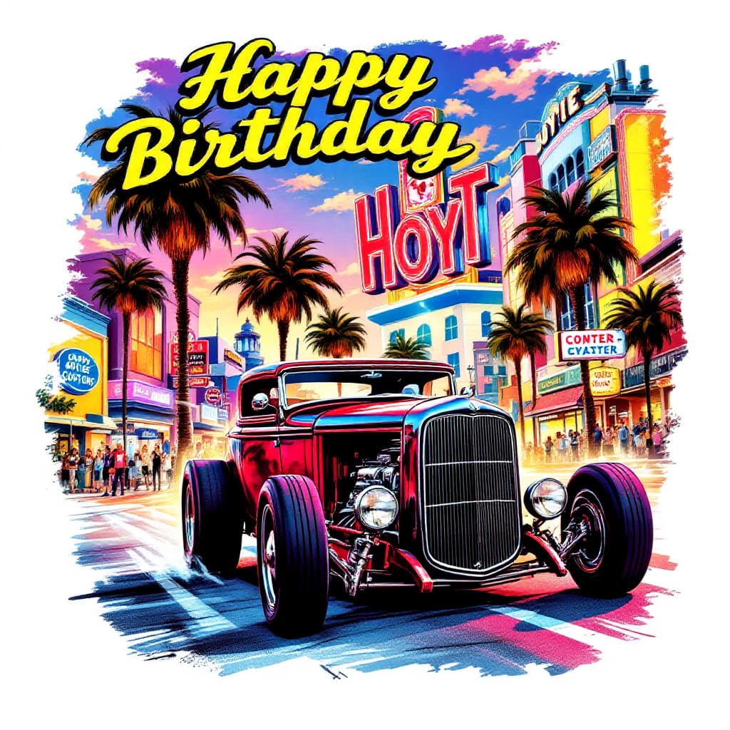AI generated: A vibrant custom illustration featuring a vintage hot rod, cruising along a sunny street lined with ...
