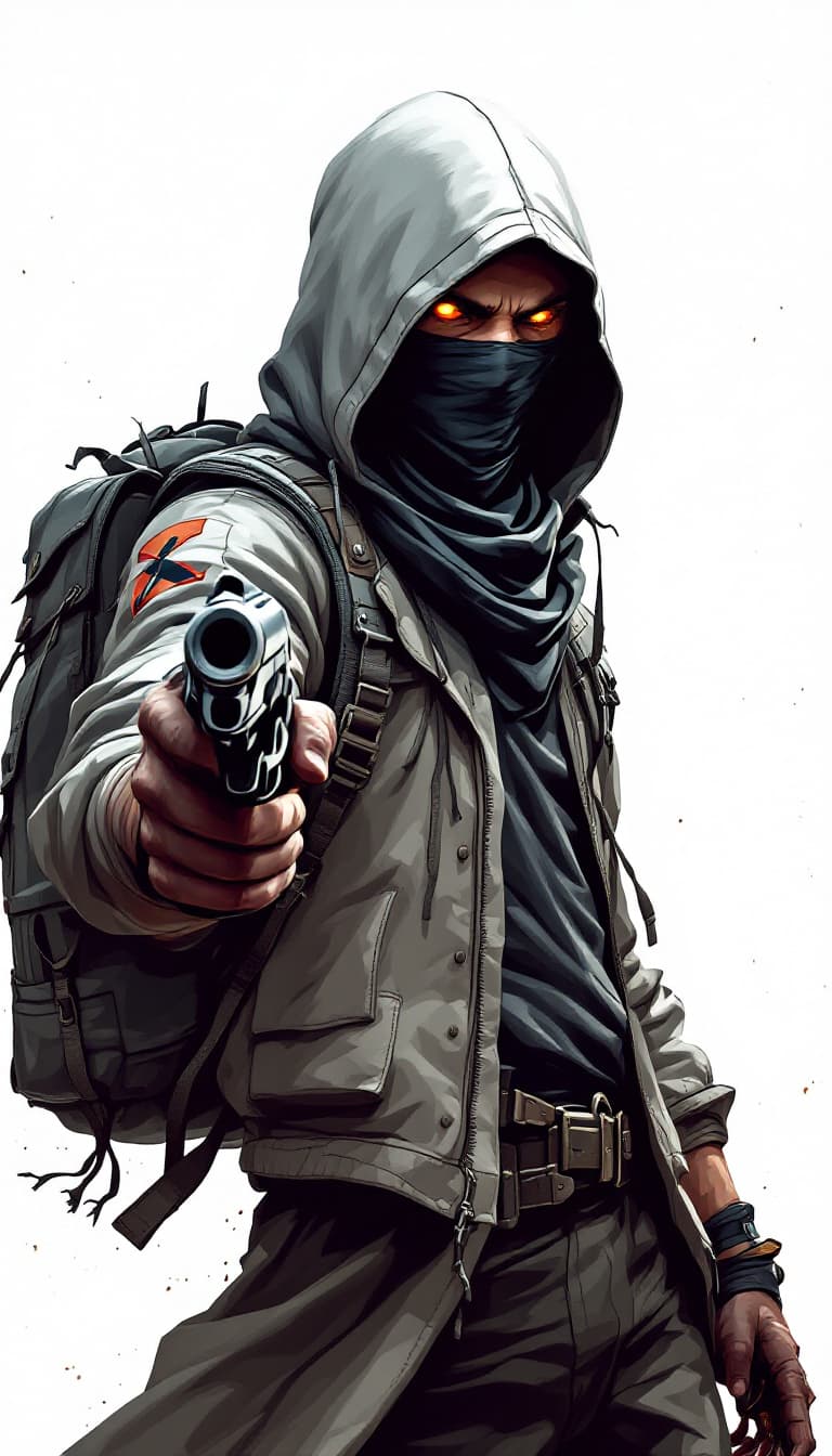 AI generated: Full body shoot image of an animation male hooded character with covered mouth bandana holding a rev...