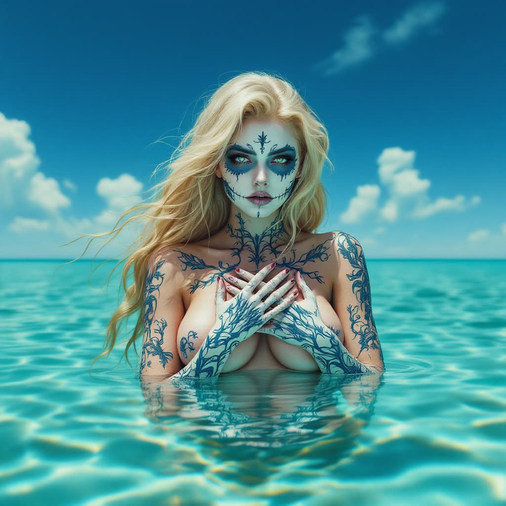 AI generated: A ((full body)) photo shot of a gorgeous cute (Mermaid) blonde with blonde hair, covering her bosom ...