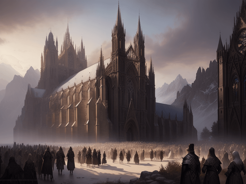 AI generated: gathering outside of grand gothic church, mountainous, beautiful, d & d, fantasy, intricate, elegant...