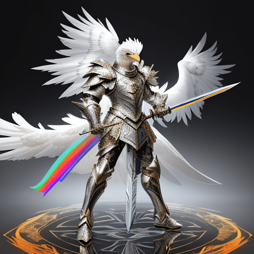 AI generated: A man standing in the form of an eagle-like sword wearing eagle-design armor that was a combination ...