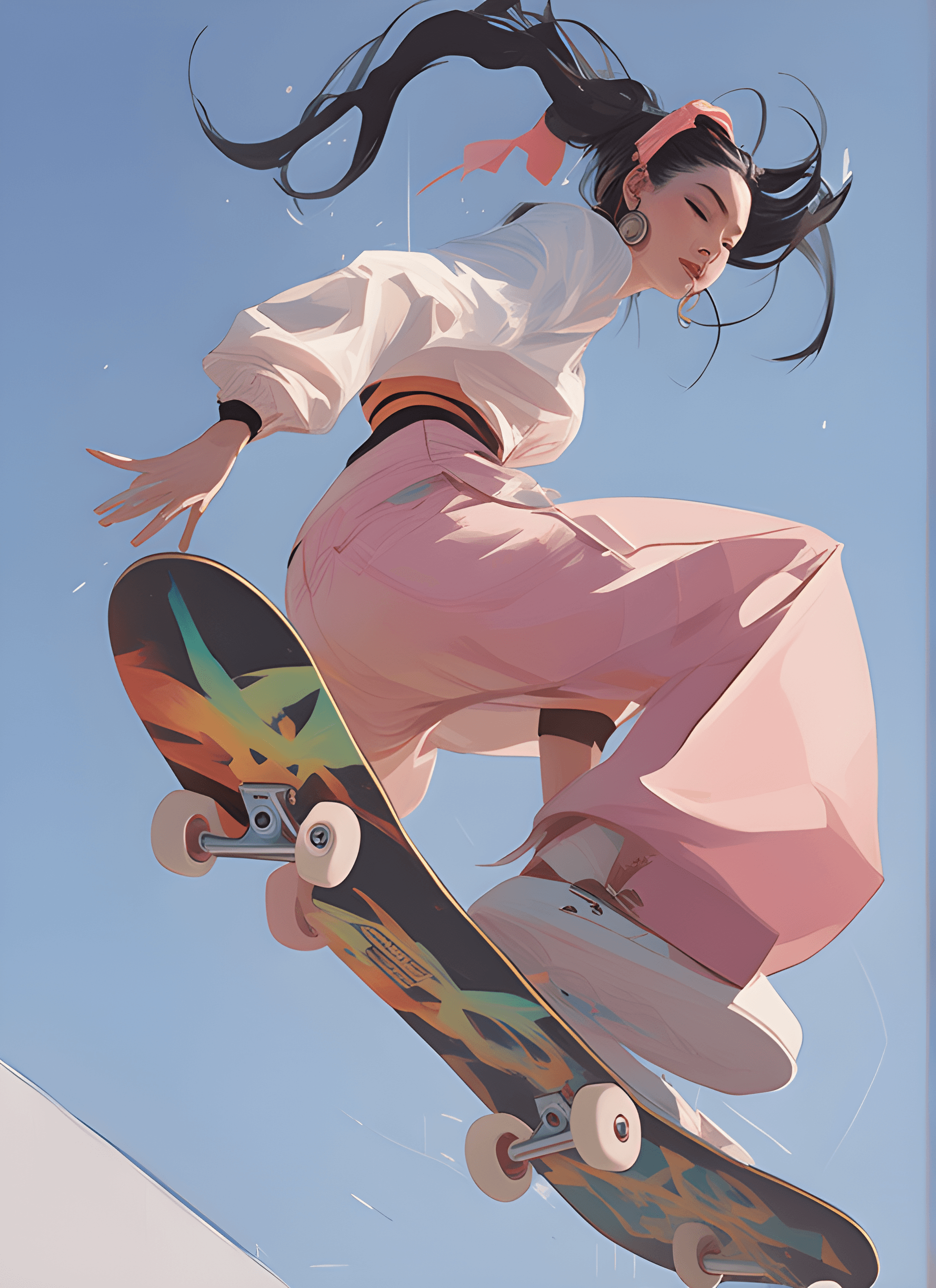 AI generated: there is a woman that is jumping on a skateboard, artwork in the style of guweiz, guweiz, ross tran ...
