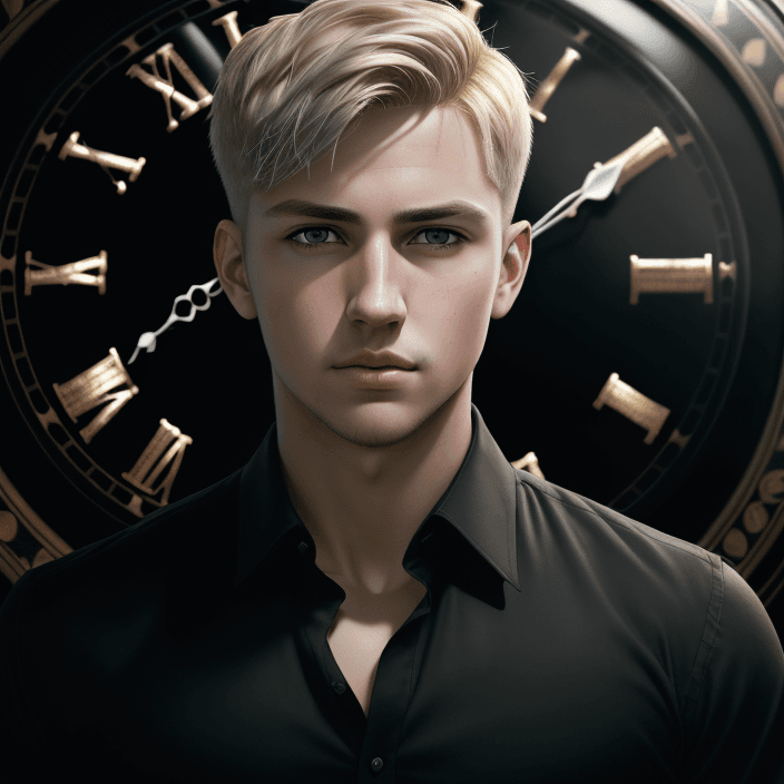 AI generated: portrait of a young handsome guy with short blond hair, gray eyes and a black shirt on the backgroun...