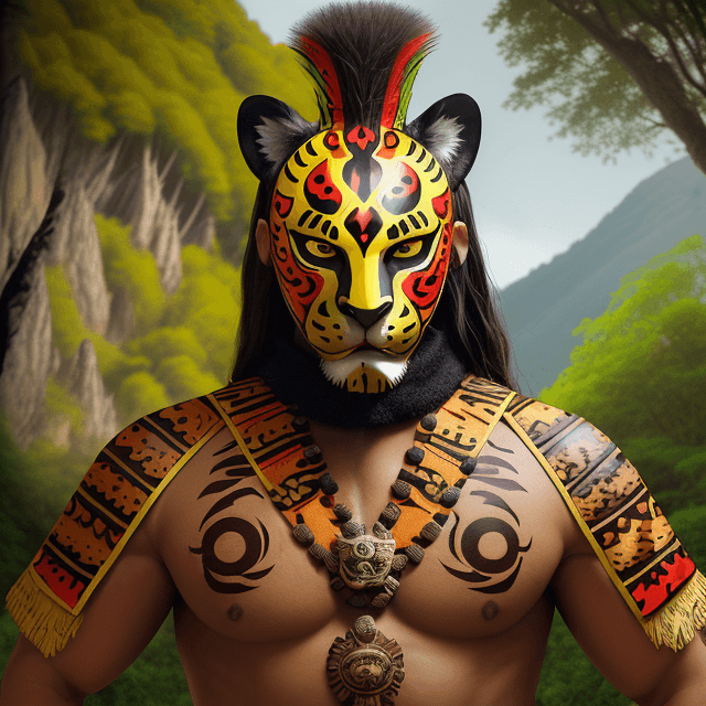 AI generated: man with jaguar warrior helmet type mask with jaguar-style spots, wooden mask, fine wood details, zo...