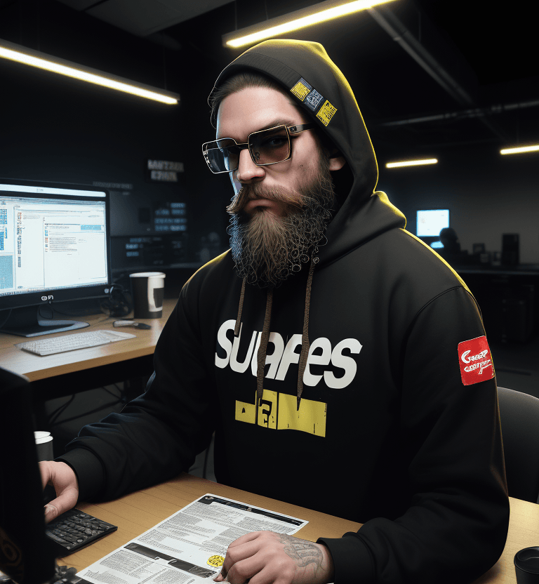AI generated: hacker, darkroom, coder, computer, man, medium beard, cool, grunge, (typing), ultra detailed and det...