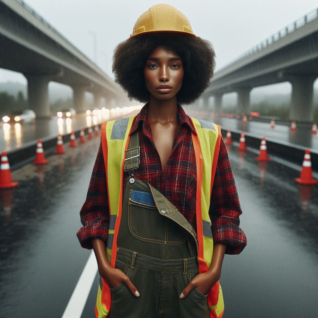 AI generated: Photography Construction Worker standing center in highway,stylish fashion,highway background,rain a...