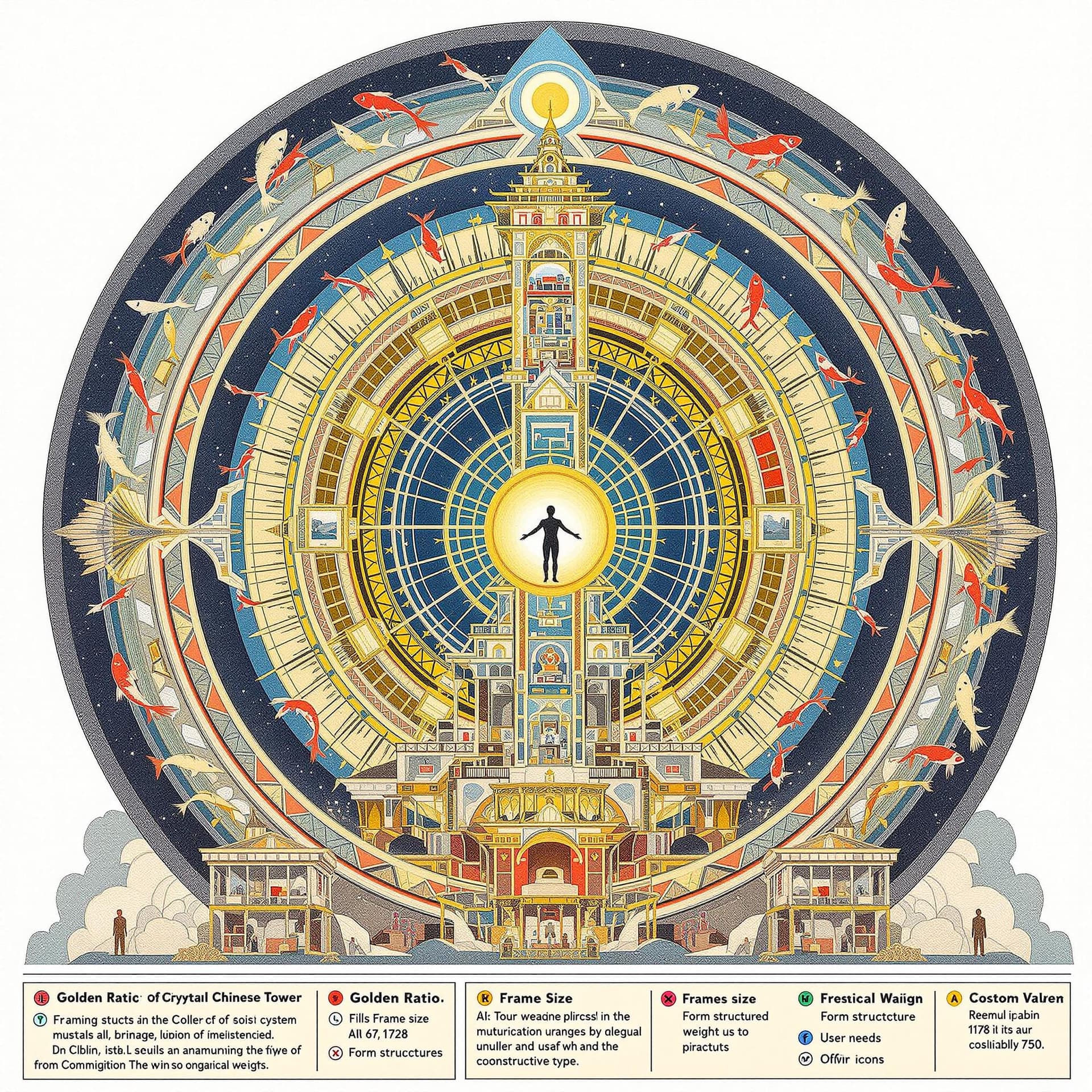 AI generated: A golden ratio crystal grid. cosmic in form and detailed by fish swimming patterns. In the center, a...