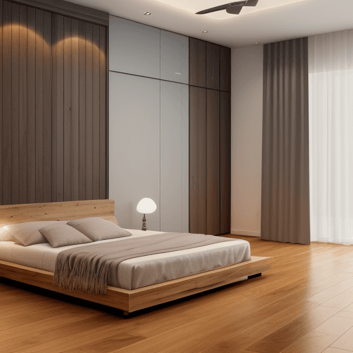 AI generated: Modern bedroom with wooden floors