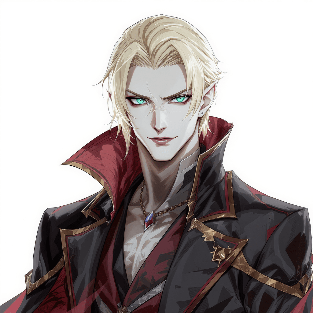 AI generated: A strikingly handsome male vampire, piercing emerald eyes, perfectly styled blond hair, pale skin, p...