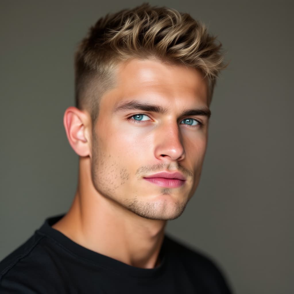 AI generated: Image of a 25-year-old white American man, light skin, cropped dirty blonde hair, strong chin, clean...