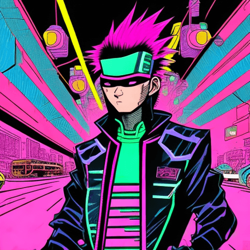 AI generated:  futuristic and retro neon-themed illustrations. Develop a detailed description for a text-to-image ...
