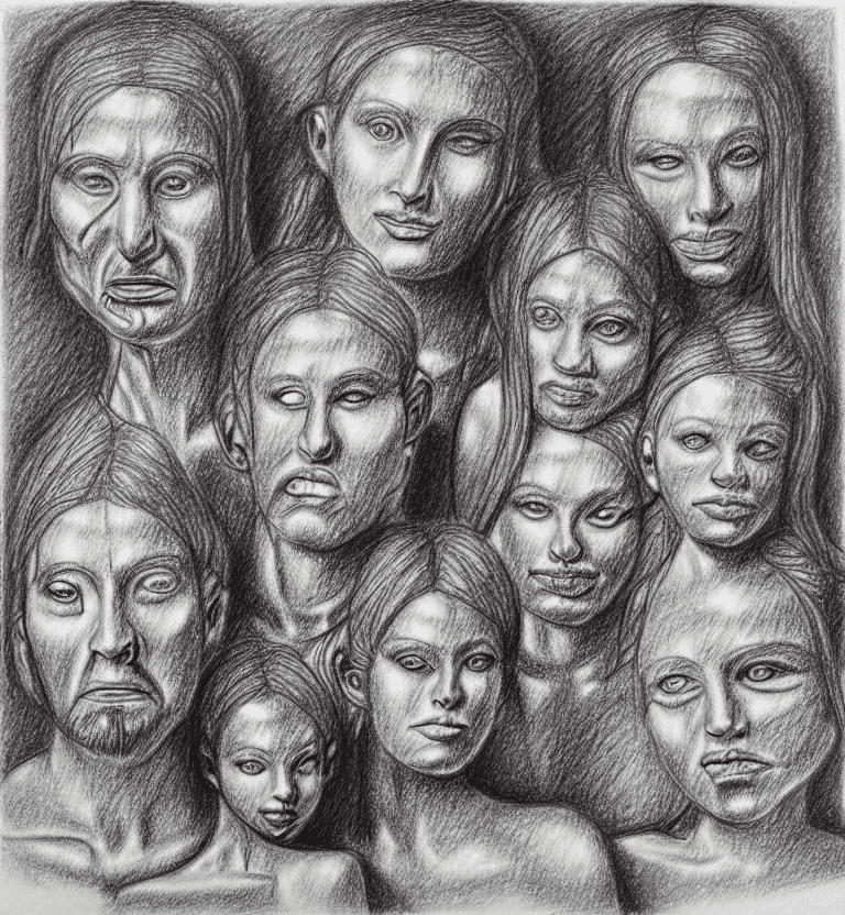 AI generated: Ancient family, pencil drawing, very badly designed, drawing made by a madman, iconcluente design, v...