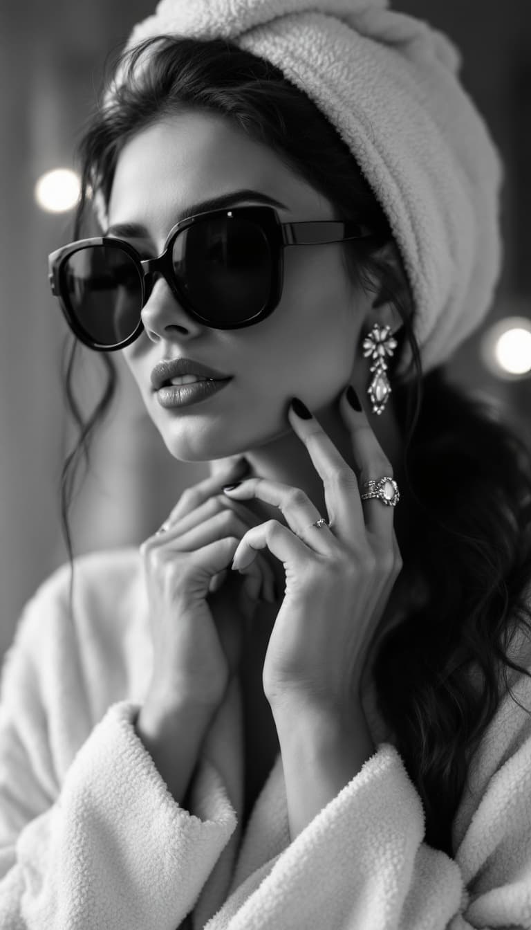 AI generated: black and white effect style of a woman in a bathrobe wearing lipstick, sunglasses, a ring, and an e...