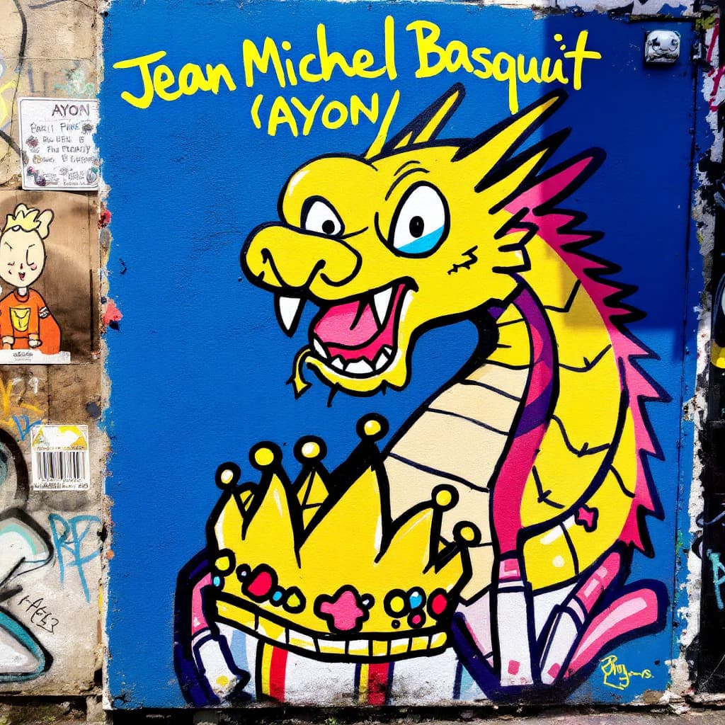 AI generated: The image shows a vibrant piece of street art. At the center, there's a large, stylized depiction of...
