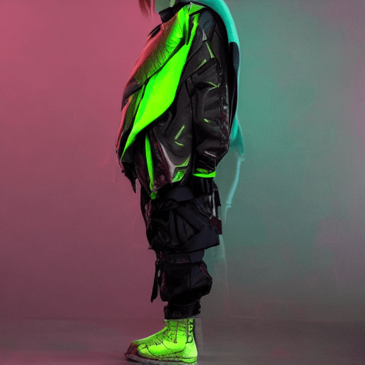 AI generated: cyberpunk techwear neon streetwear look and clothes, we can see them from feet to head, highly detai...