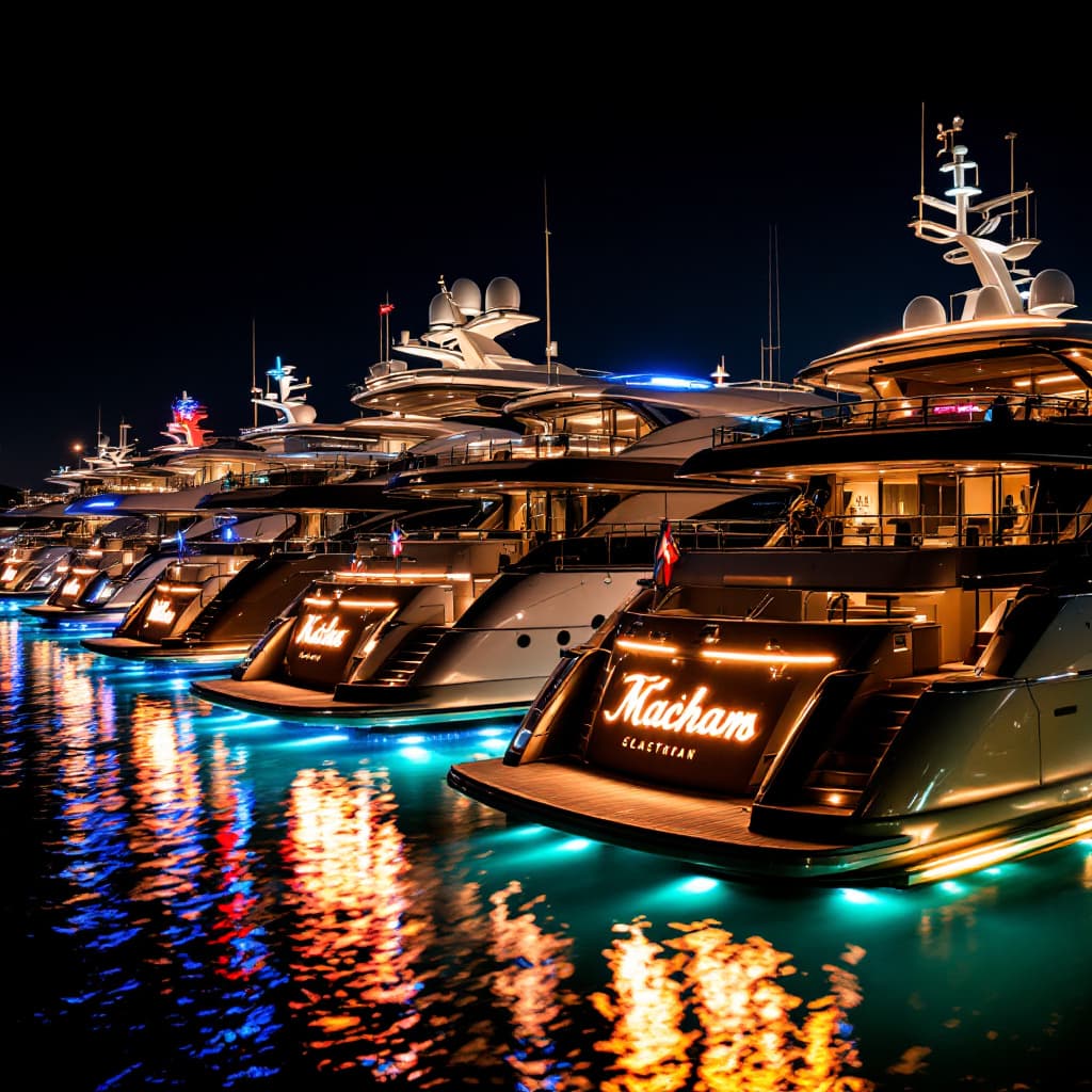 AI generated: a close up of several super yachts backed into slips at night with all of their lights on with the n...