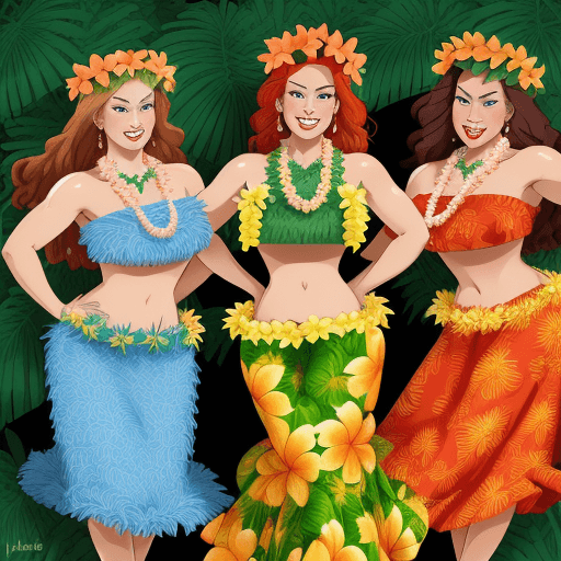 AI generated: Three beautiful, hawaiian hula dancers, singing, grass skirts, Layseri Hawaiian Luau Flower Leis Jum...
