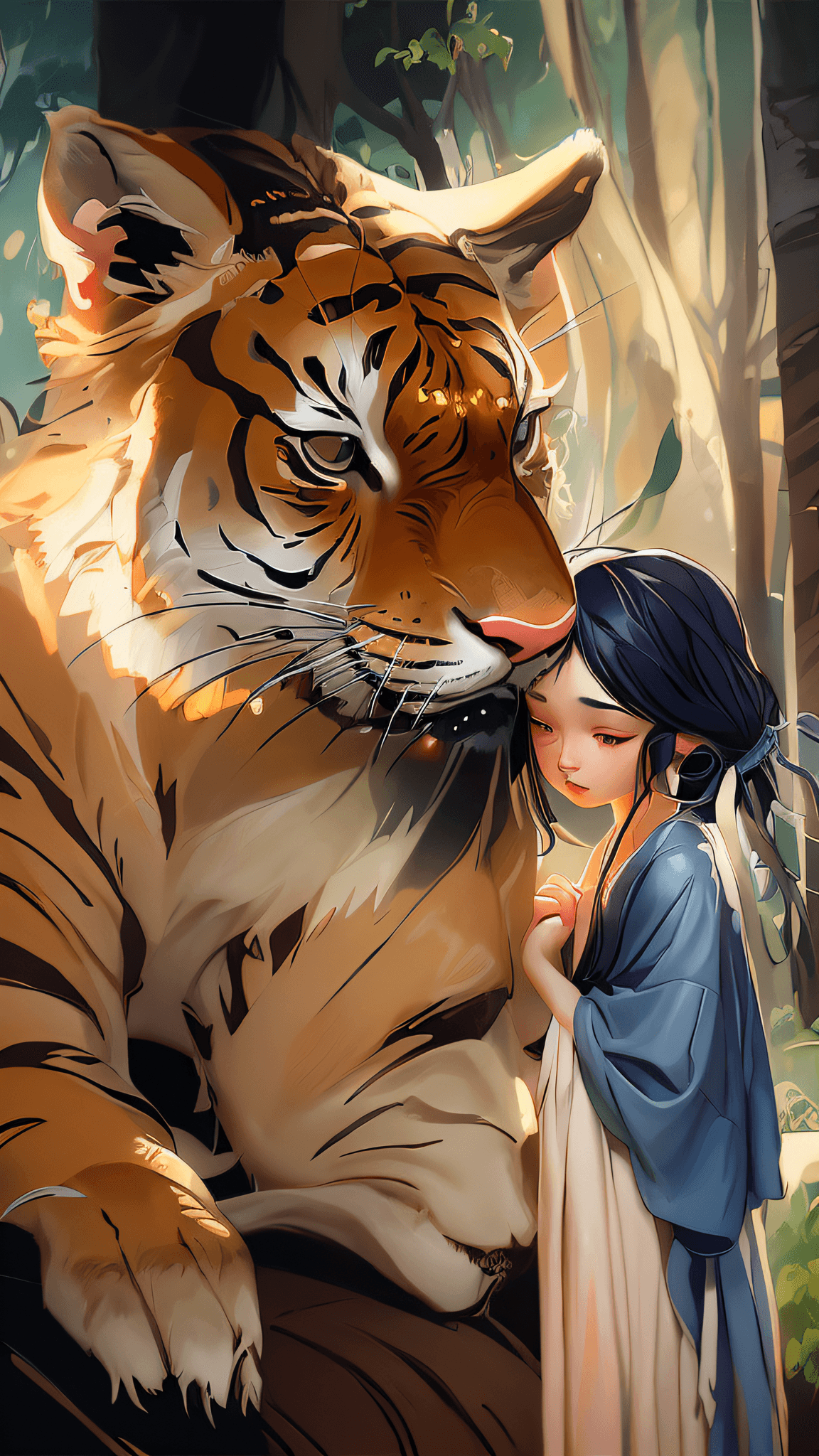 AI generated: there is a statue of a woman and a tiger in front of a statue, beautiful digital artwork, adorable d...