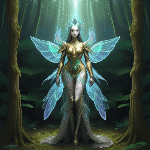 AI generated: Guardian of the shrooms and dmt armored, woman with iridescent, wing-like pauldrons, standing tall a...