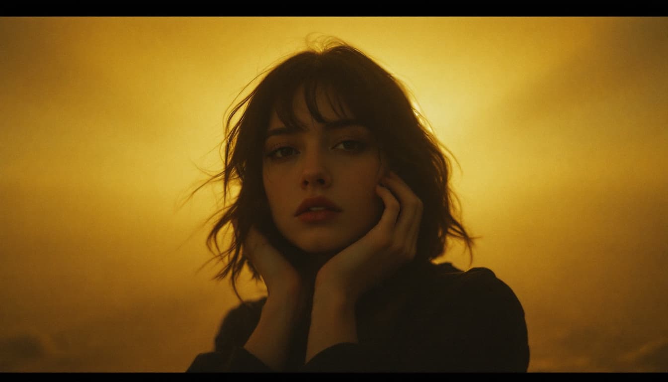 AI generated:  woman has an introspective, melancholic vibe with a soft, cinematic feel.  , while the warm, muted ...