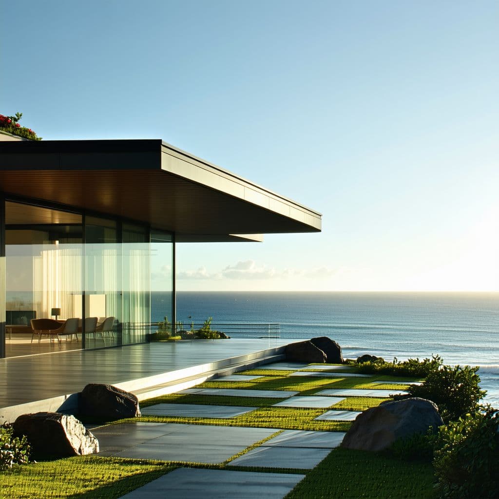 AI generated: Hyper realistic eye level exterior photo of a mid century modern style house overlooking the ocean, ...