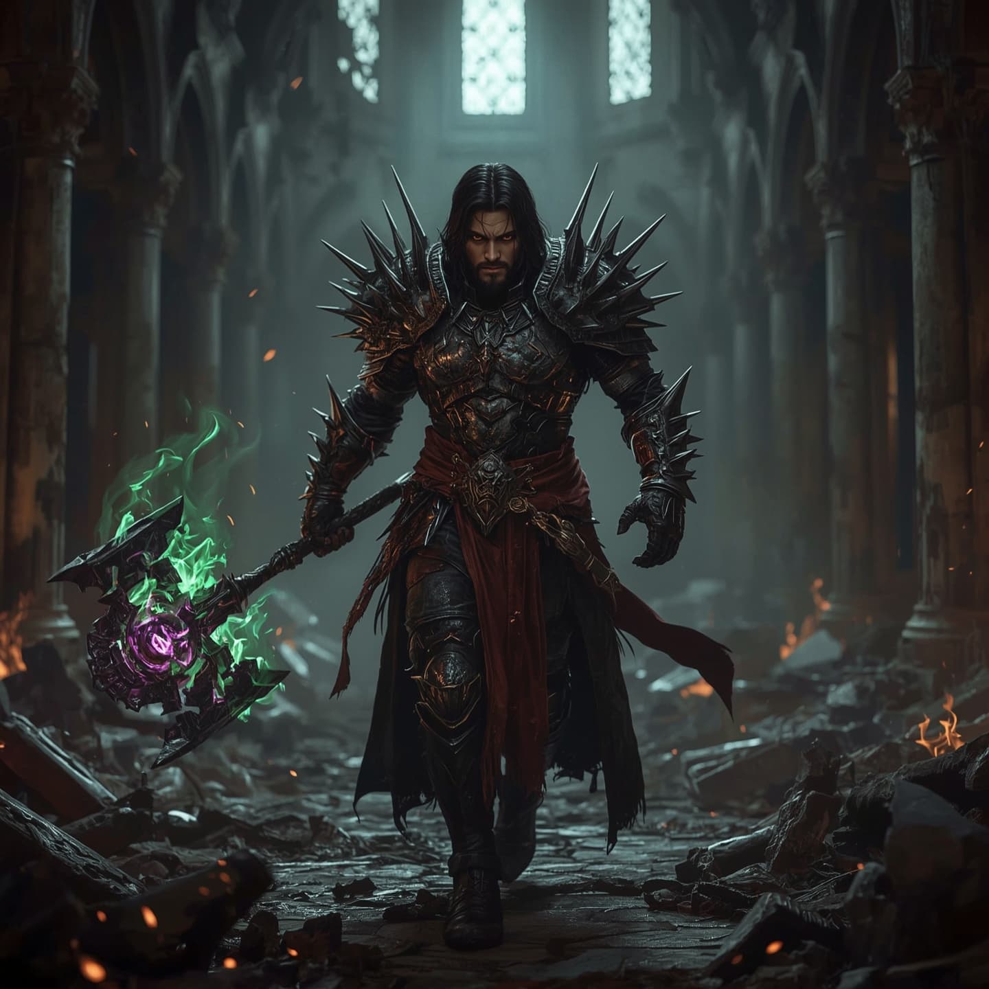 AI generated: human male battle mage (chaotic evil), full body, advancing through a ruined nave, spiked blackened ...