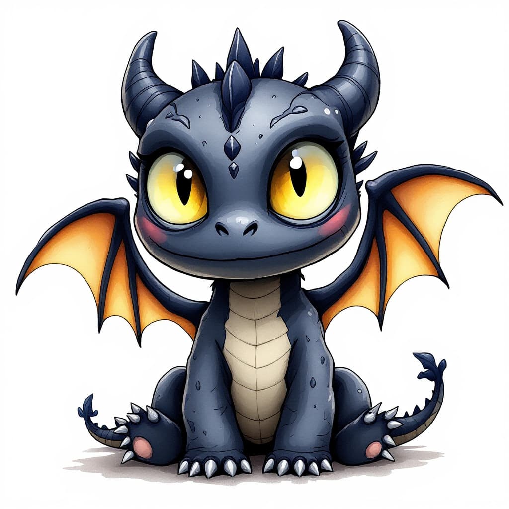 AI generated: Awesome colorful illustration, cute black baby dragon, big yellow eyes and wings, white background, ...