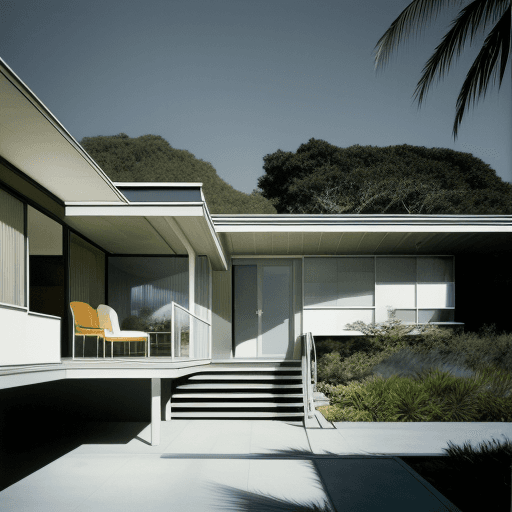 AI generated: Hyper realistic eye level exterior photo of a mid century modern style house overlooking the ocean, ...