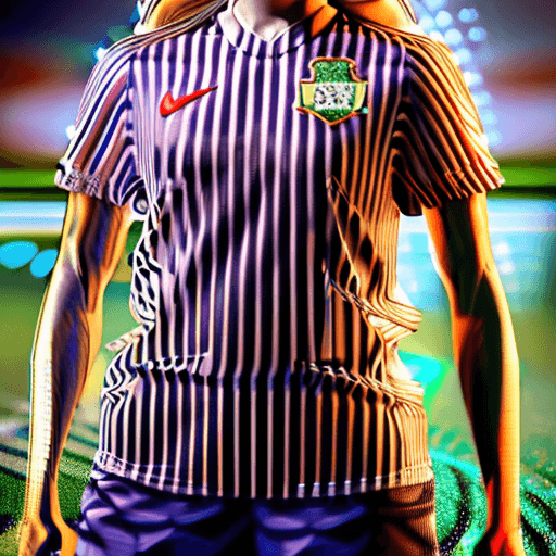 AI generated: professional sports athletic woman dressed as soccer player, soccer ball, smiling, football pitch in...