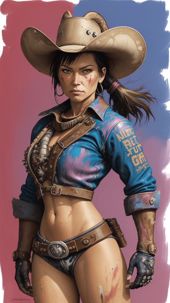 AI generated: a drawing of a female Rodeo Outlaw in a complex background, in the style of adventure pulp, epic, mo...