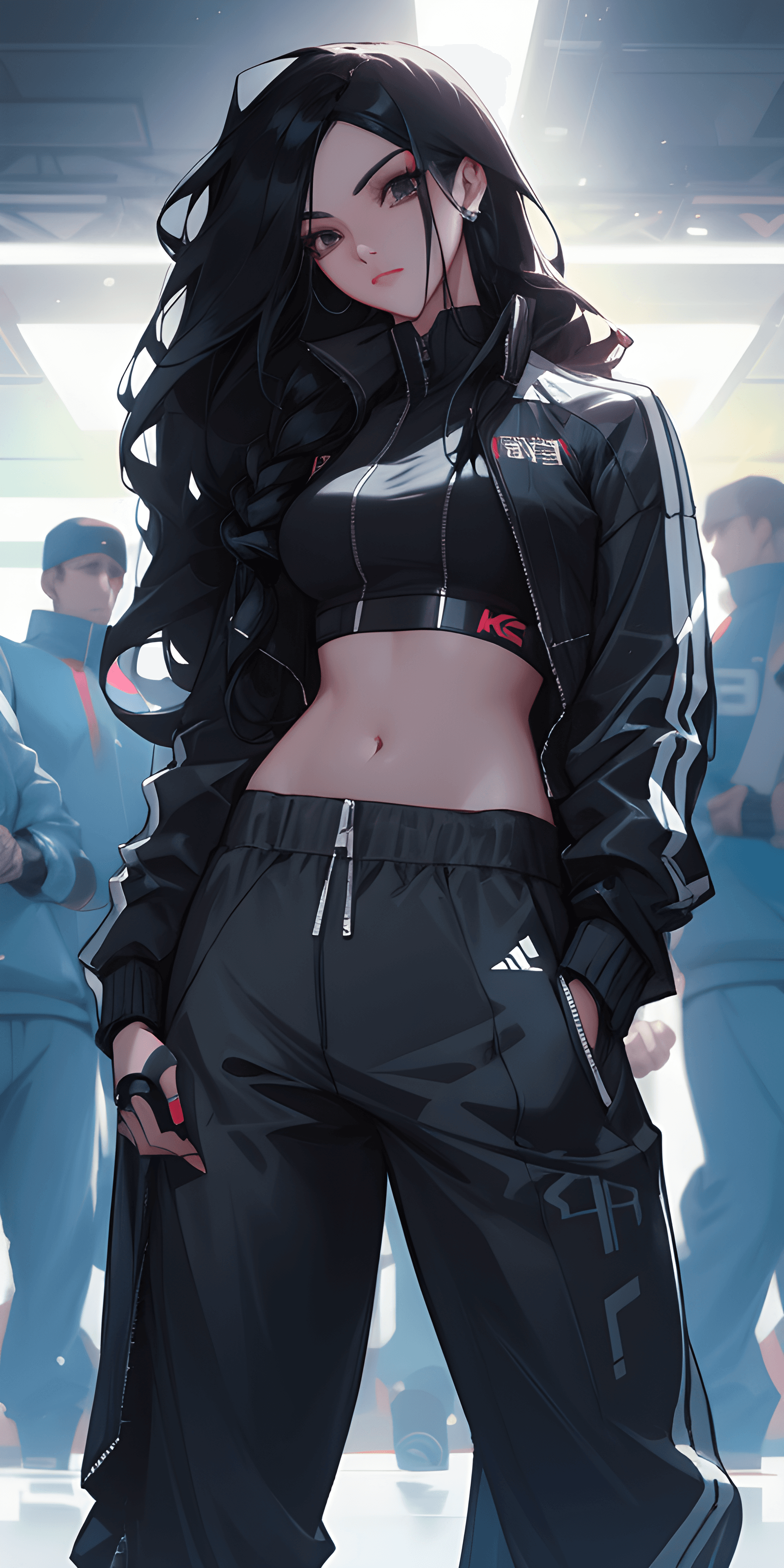 AI generated: a woman with long black hair standing in front of a group of people, cyberpunk art, by Ross Tran, di...