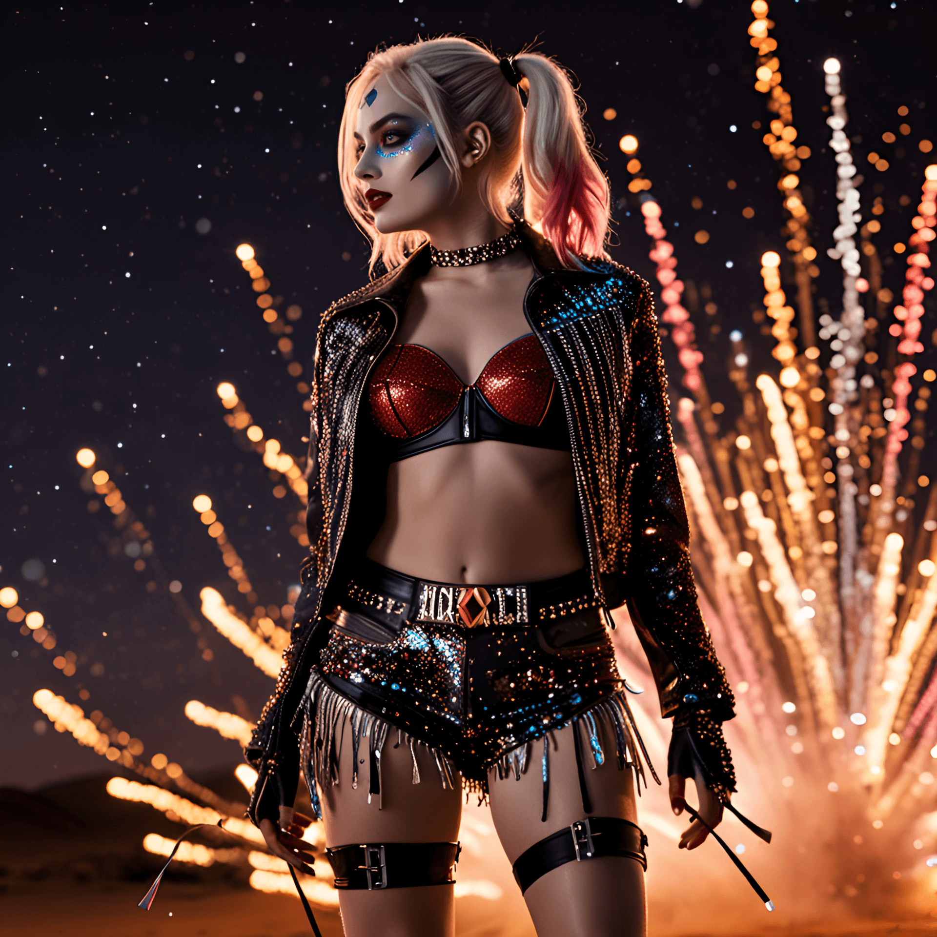 AI generated: Extravagant Harley Quinn in a shimmering crystal desert under twilight stars, filmed from a side-pro...