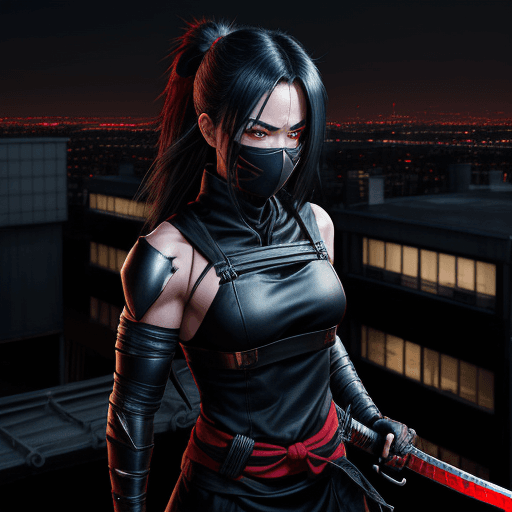 AI generated: Female shinobi, City Rooftop Shot, masked, visible long black hair, with katana, dark Suit with leat...
