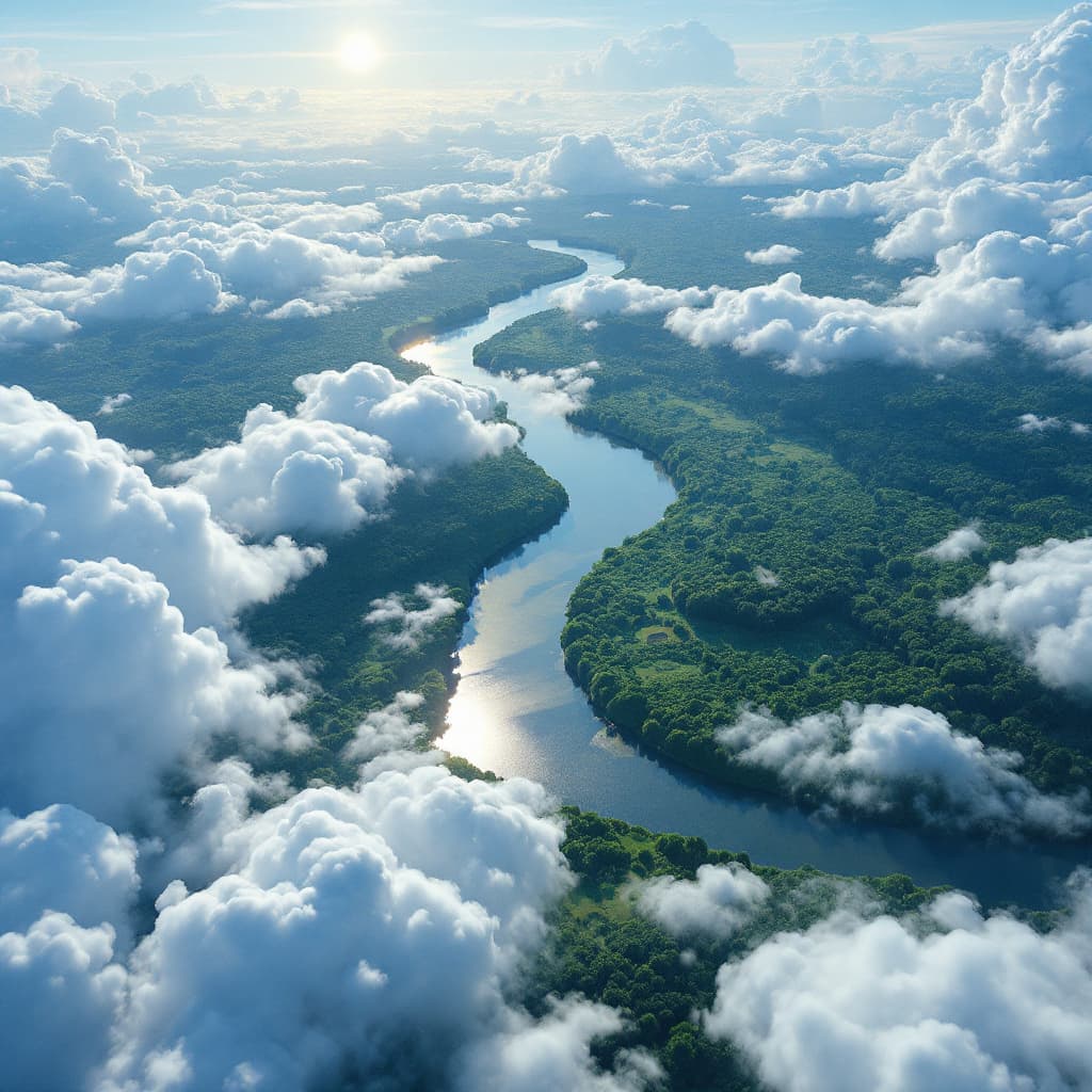 AI generated: vista aerea de uma floresta cortada por um rio, exibindo a o reflexo da lua 
