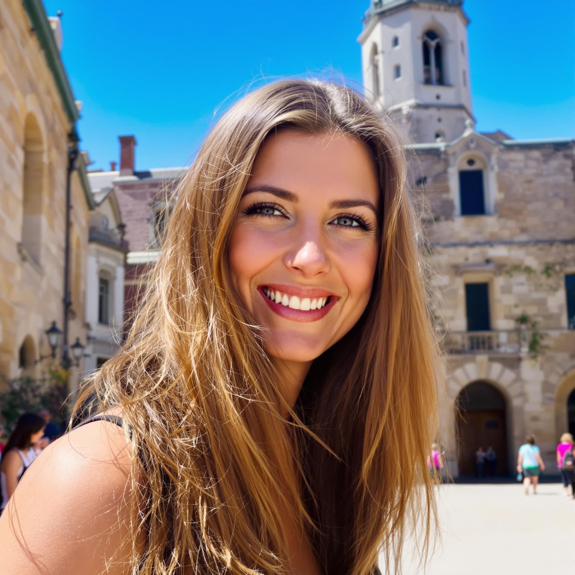 AI generated: A woman with long, straight brown hair stands outdoors in a sunlit historic setting, smiling warmly ...