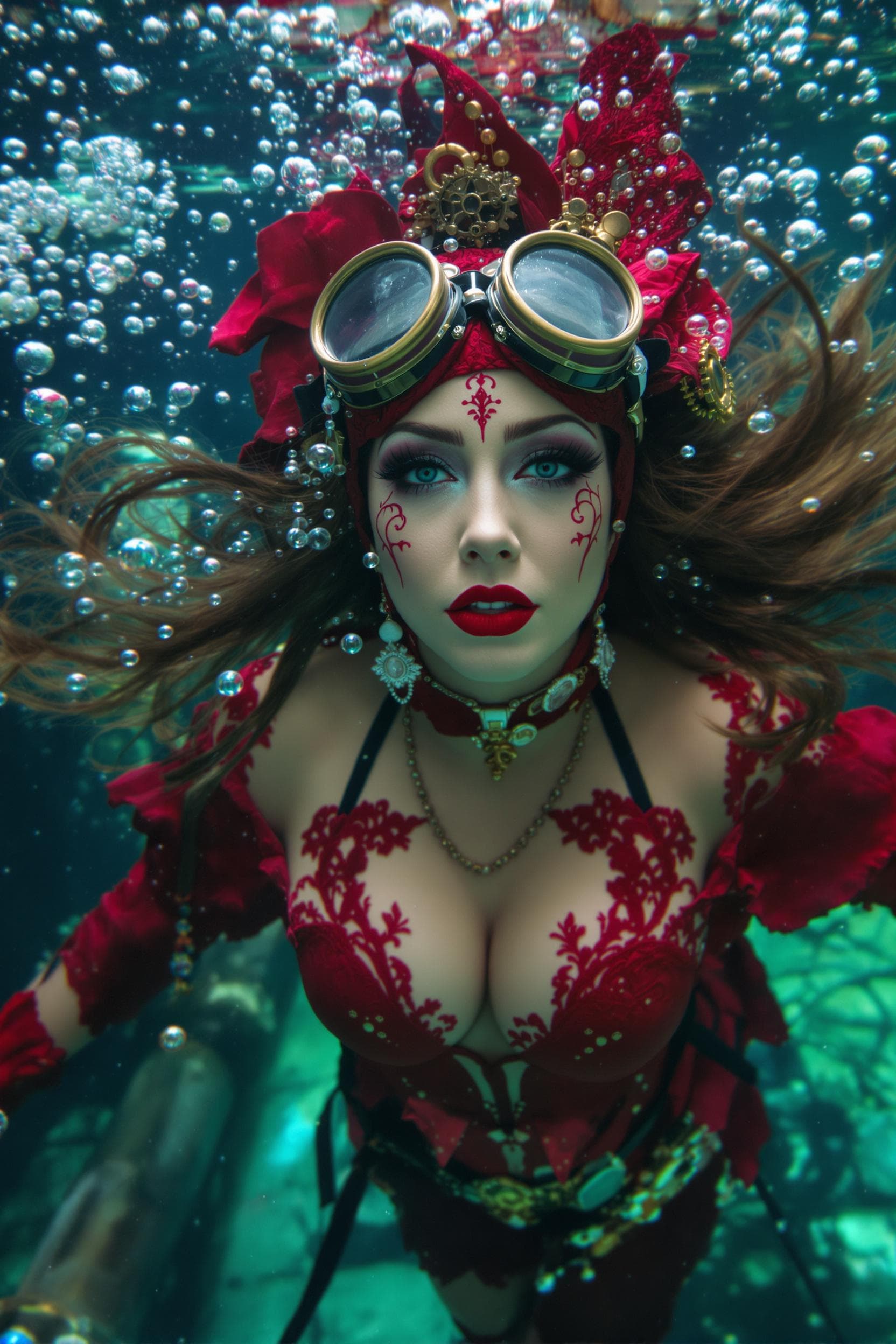 AI generated: A woman in a striking red steampunk-inspired outfit, adorned with intricate lace and metal accents, ...