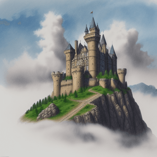 AI generated: color ink sketch of medieval castle on a mountain top with mist and clouds