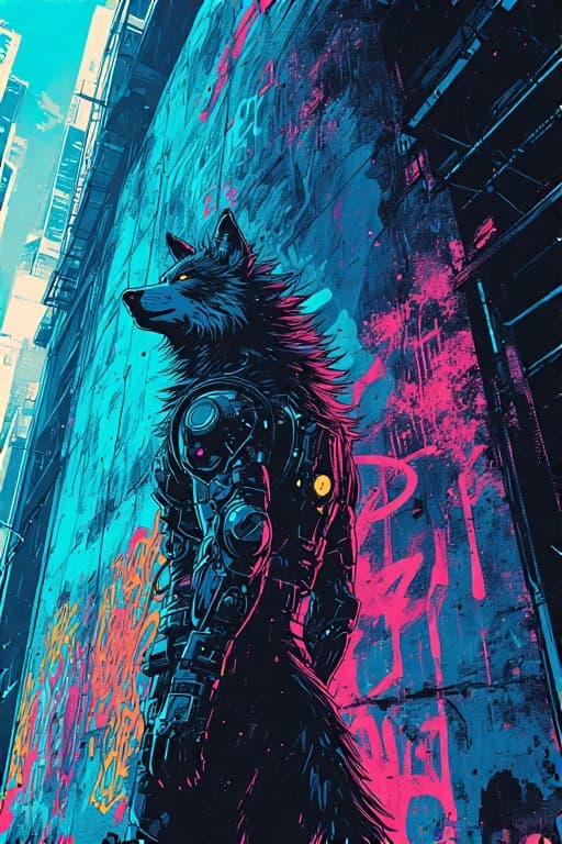 AI generated: A lone cyberpunk wolf stands silhouetted against a towering graffiti-covered wall in a neon-drenched...
