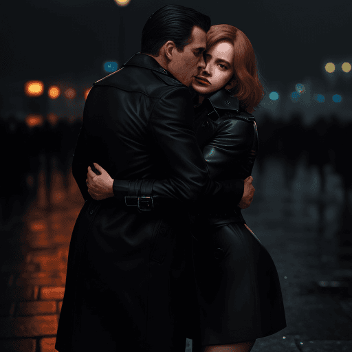 AI generated: A detective man who wears a light classic long trench coat that hugs a woman who wears a black leath...
